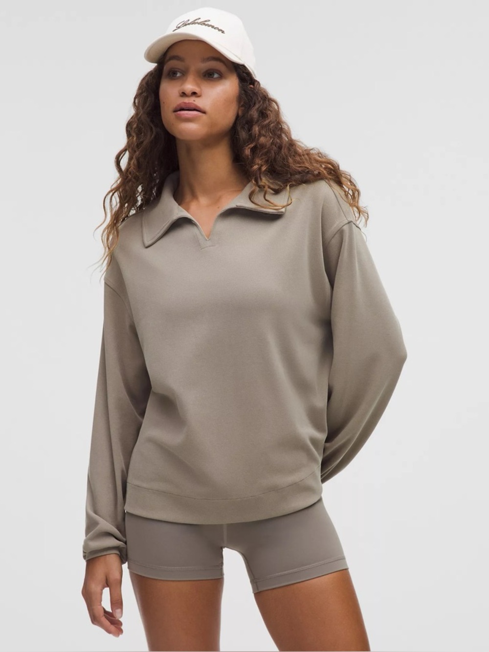 Lululemon softstreme pique oversized long-sleeve polo, size M, warm ash gray,NWT